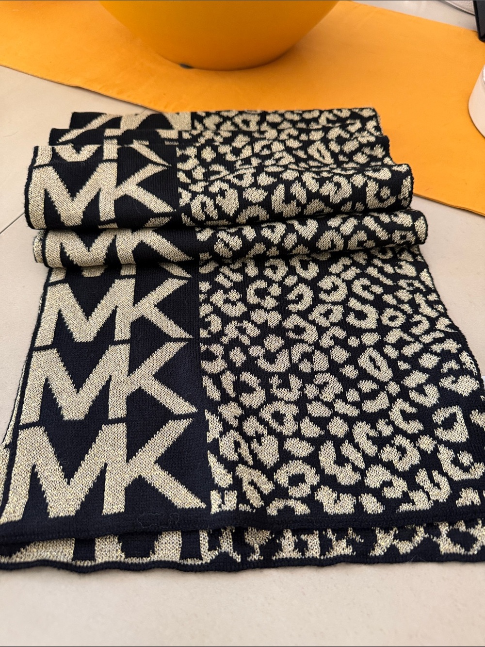 Michael Kors Black and Gold MK Logo Leopard Jacquard Scarf